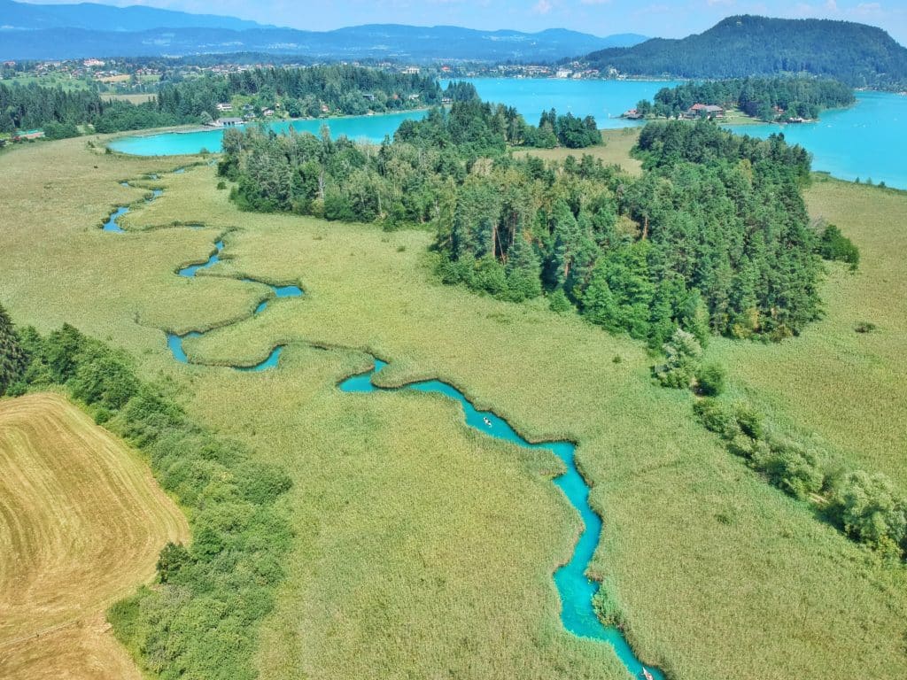 Faaker See, Drohnenfoto, Badesee, Österreich, Kärnten
